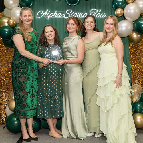 From left are Jamie Jones Miller, Alpha Sigma Tau National President; Katie Perschbacher,  GVSU chapter advisor; and students Shannon Preston, Allie Friesner and Sami Nelson.